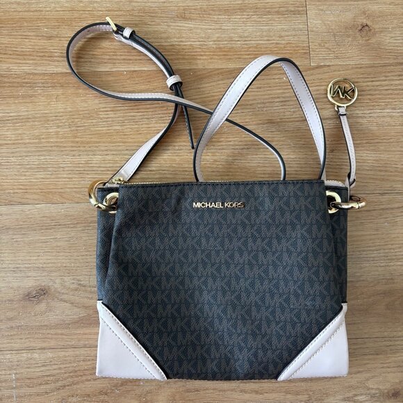 Michael Kors Nicole Large Logo Crossbody Bag Purse Brown Mocha Pink - Picture 1 of 8